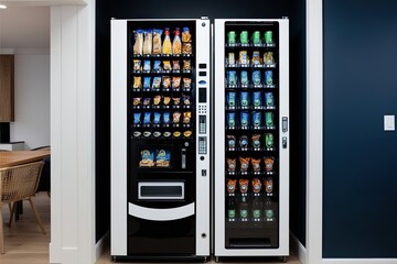Contemporary Black and White Vending Machine Dispenser Filled with Snacks and Drinks