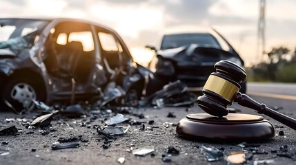 Gavel at Accident Scene, Sideswipe Head-On Collision, Blurred Road Background