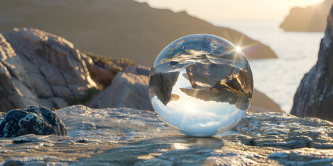 A glass ball sitting on top of a rock
