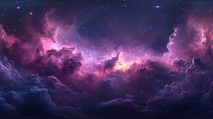 Fototapeta premium Stellar Panorama: Hyper-Realistic 360-Degree Nebula View with Purple and Pink Hues, Stars, and Gas Clouds in a Dark Space