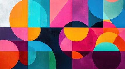 Obraz premium Dynamic geometric fusion of squares and circles, with bold colors and overlapping layers creating a vibrant composition.