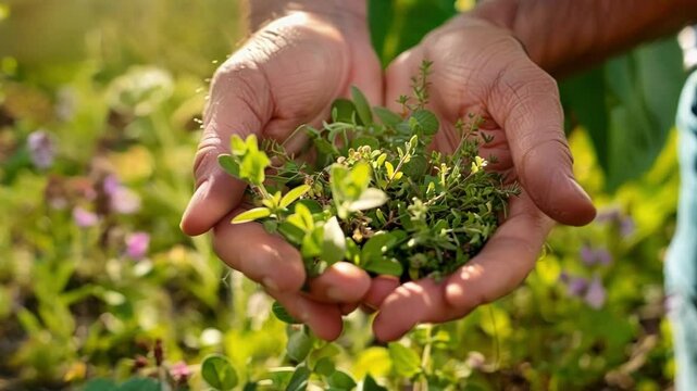 Farmer is holding a handful of freshly harvested herbs in a garden, with the sun shining down on the lush green plants