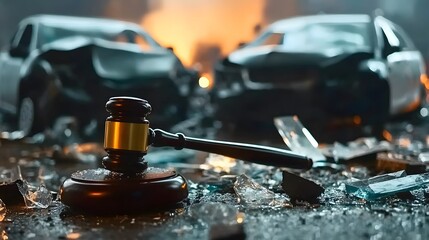 Gavel on Ground, Damaged Cars Scene, Smoky Accident Night, Tense Fear Macro Shot