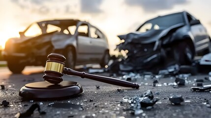 Gavel at Accident Scene, Sideswipe Head-On Collision, Blurred Road Background