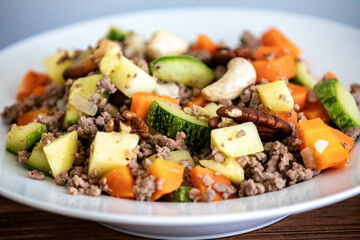 Hearty and nutritious food, ground beef with vegetables. Real low carb food