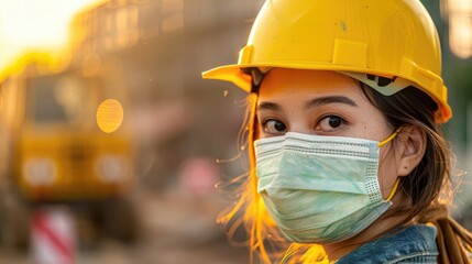 Woman in Construction Gear with Hard Hat and Face Mask on Job Site Amidst Health Crisis