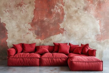 Modern loft living room: red modular corner sofa against blank brown stucco wall with copy space, minimalist interior design.