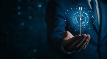 Businessman holding a target with an arrow, symbolizing success and achieving goals in digital marketing
