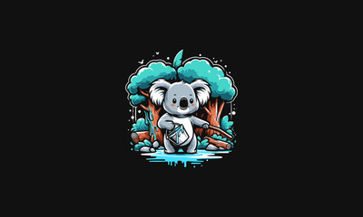 koala holding bucket on forest vector illustration flat design