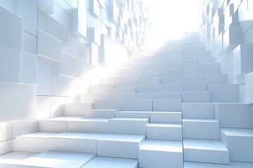 Obraz premium Abstract white geometric staircase with light, minimalist, modern architectural background, 3D rendering.