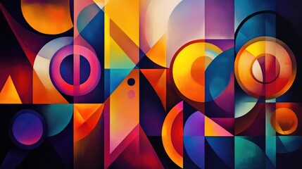 Obraz premium Vivid geometric fusion of overlapping triangles, circles, and squares, creating a dynamic and colorful design.