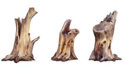 Set of dead driftwood tree stump on transparency background