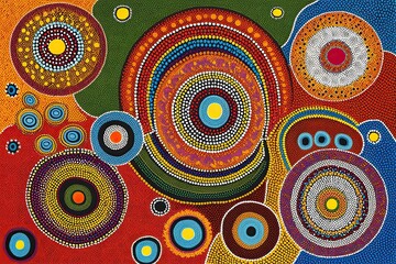 Fototapeta premium Vibrant Australian Aboriginal Dot Art Featuring Abstract Shapes and Colorful Patterns