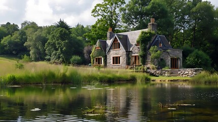 Obraz premium Stone cottage sits serenely by a tranquil pond, surrounded by lush greenery and trees. The reflection of the cottage in the still water creates a sense of peace and tranquility.