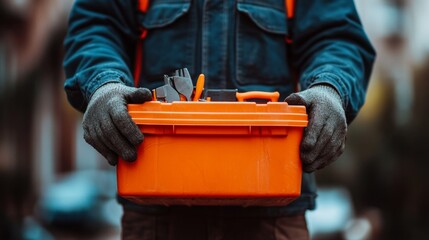 Ready and Safe. Worker with Orange Toolbox in Hand