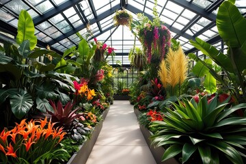 Tropical Plants and Flowers in a Bright Sunlit Conservatory for Artful Living