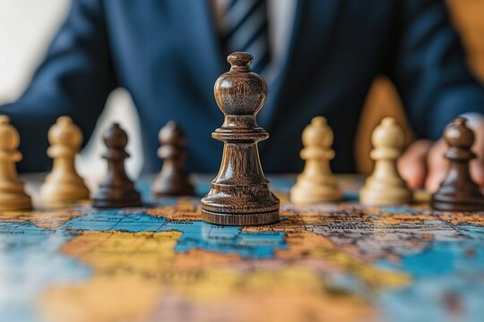 Close-up of chess pieces on a world map with a businessman in the background, symbolizing strategy and global planning.