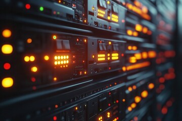 Close-up of data center server racks with glowing lights, showcasing advanced technology and hardware infrastructure.