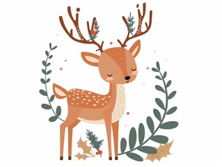 Fototapeta premium Christmas happy deer simple illustration for kids isolated on white. AI generated