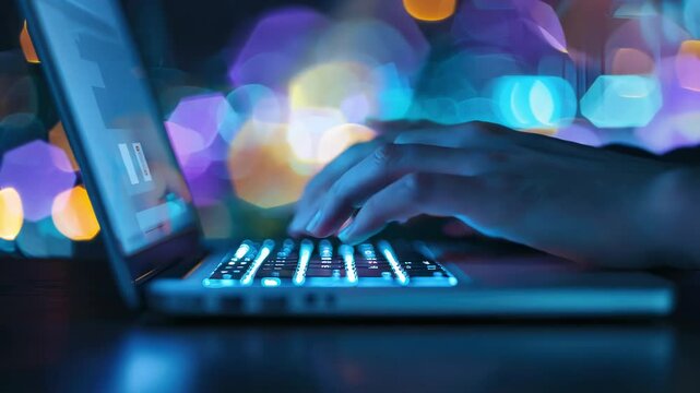 A close-up view of a hand typing on a laptop keyboard with colorful bokeh lights in the background, capturing the essence of productivity.