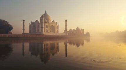 Naklejka premium Taj Mahal in India bathed in the soft light of sunrise, creating a serene and picturesque scene. The ivory white marble monument is reflected in the calm waters of the Yamuna River.