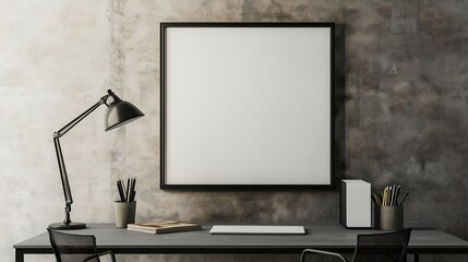 Minimalist Workspace with Large Blank Frame, Desk Lamp, and Coffee in Neutral Tones for Office or Study Decor