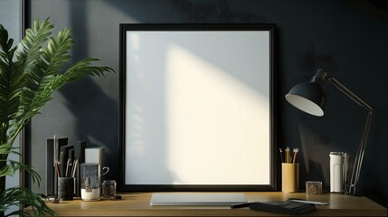 Minimalist Workspace with Large Blank Frame, Desk Lamp, and Coffee in Neutral Tones for Office or Study Decor