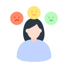 Woman with feeling and emotion expression face bubbles. Mental health, healthcare, psychological problem, communication concept. Flat vector character design isolated illustration.