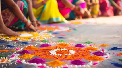 Fototapeta premium Close-up view of a colorful Rangoli design created on the ground during a festival in India. AI generated