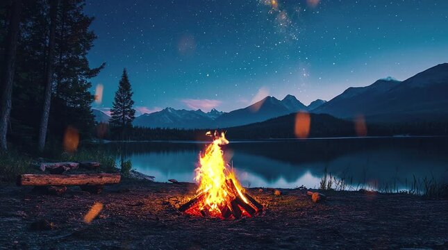 Warm bonfire glowing by the edge of a tranquil lake, creating a cozy and inviting atmosphere with reflections on the water and a ser Seamless looping 4k time-lapse virtual video animation Generated AI