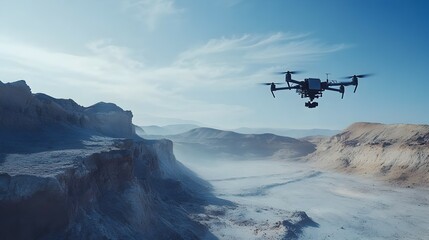An AI powered drone capturing aerial imagery and mapping a remote rugged landscape in real time symbolizing the power of technology to enable data driven decision making