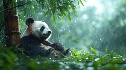 Obraz premium Panda sheltering under a bamboo tree in a rain-soaked forest, with raindrops glistening on its fur and lush greenery creating a refreshing atmosphere.