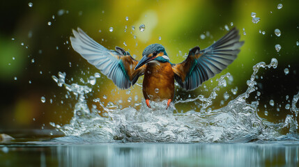 Naklejka premium A kingfisher with a fish in its beak is flying into a body of water, causing a splash