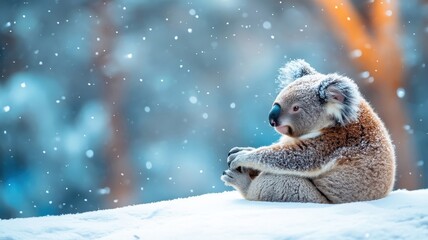 Obraz premium Unusual koala on a snowy landscape, with snowflakes gently settling on its fur and the wintery setting adding a charming contrast.