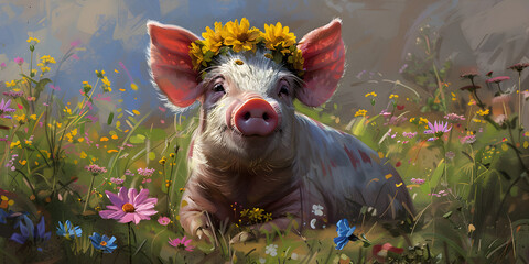 Cute pink baby pig in forest wild nature habitat with flowers
