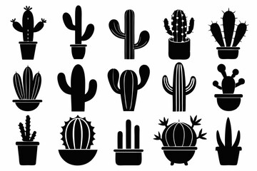 Cactus icon collection. Set of black cactus silhouette. silhouettes of different cactus icons