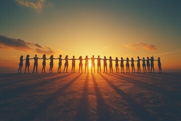 Large group of people holding hands in a row, silhouetted against a stunning sunset, symbolizing unity and community.