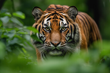 Close-up of a tiger's face in a forest. It has a striking orange and black pattern