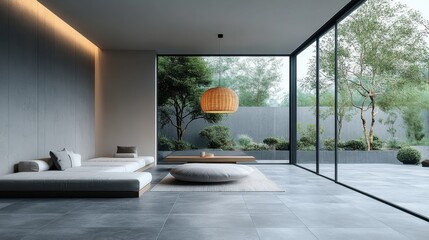 Fototapeta premium Modern minimalist living space with large windows and natural light.