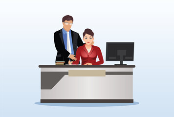 Sexual harassment at work office vector isolated. Employee suffering from abuse, unwanted attention from the boss. Man touching shoulder of female employee.