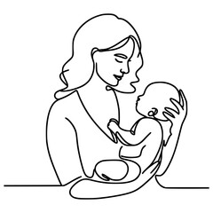 one line drawing mother and her baby vector illustration template design