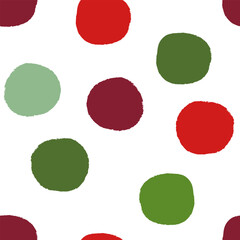 Seamless vector repeat pattern with traditional Christmas colored polka dots on white. Grunge torn edge dot. Re, burgundy and green tossed xmas dot pattern.