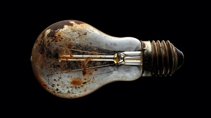 Old, dirty light bulb close up on black background.