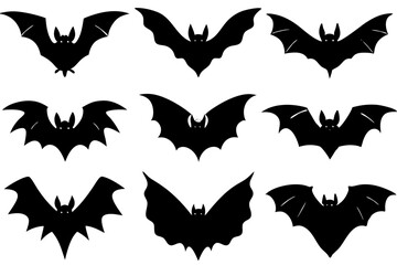 Halloween bat set. Black silhouette Halloween bat vector illustration, set of halloween bats	
