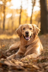A golden retriever dog, lying in a forest with autumn leaves