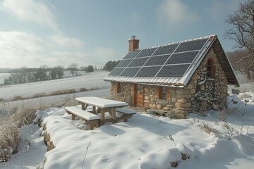 Cozy Stone Cabin With Solar Panels Surrounded by Snowy Landscape in Winter