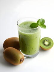 Delicious Green Smoothie with Kiwi Fruit in Transparent Glass on White Background