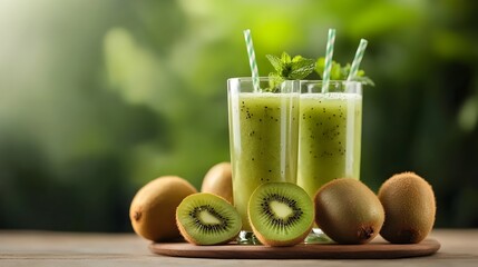 Fresh and Healthy Kiwi Smoothie Drink in Vibrant Green Glasses with Straws on Natural Background