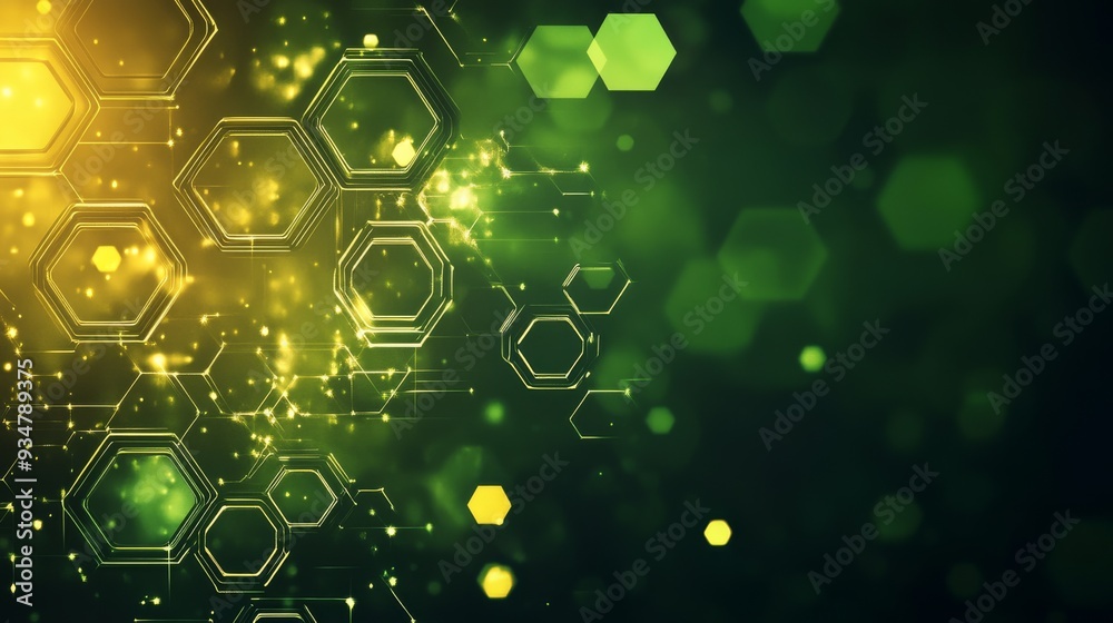 Wall mural abstract green technology background with a hexagonal pattern and bokeh lights.