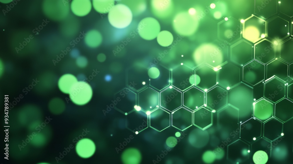 Wall mural Abstract green technology background with a hexagonal pattern and bokeh lights.